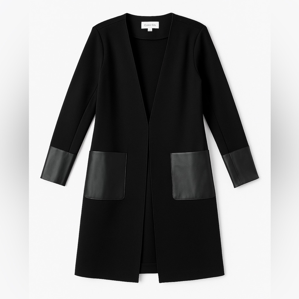 Calvin Klein Black Long Coat w/Faux Leather Trim - Size 10